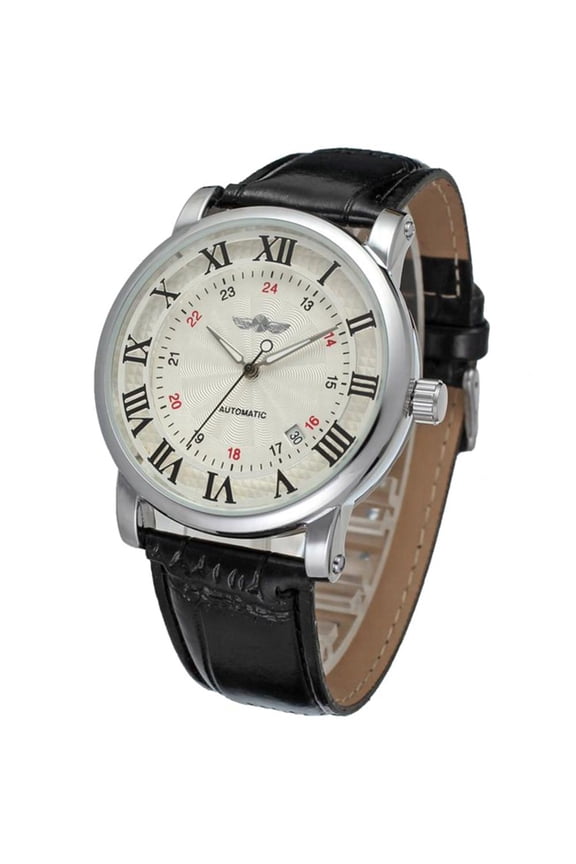 Mechanical Watch Fashionable Watch WINNER Full Automatic Mechanical PU Leather Band Men WatchWhite Dial Black Number Black Strap