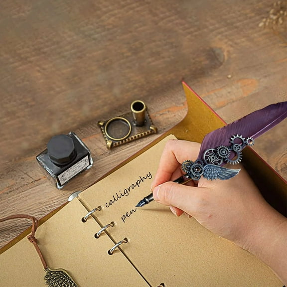 Mechanical Wing Feather Quill Pen Set with Engraved Brass Base Ink Bottle & Nibs Dip Calligraphy Gift for Holiday Birthday Present