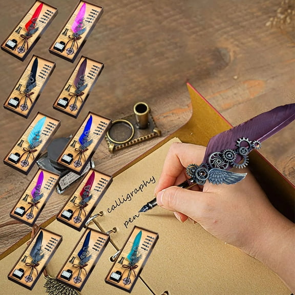 Mechanical Wings Feather Pen and Ink Set - Calligraphy Pens for Writing Quill Pen Gift Box, Carved Pen with Base and 15ml Ink, Birthday Valentine's Day Gift for Love