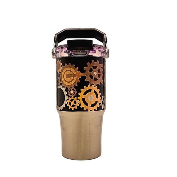Coffee Quips 20 oz Mechanical Gears Carrying Handle Tri-Sip Lid Stainless Steel Tumbler