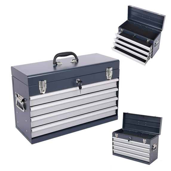 Mechanics Tool Box Heavy Duty Metal Tool Box, 21-inch, Portable Metal Tool Box with 4 Drawers, Small Tool Chest with EVA Liners, Ball Bearing Slide Drawers Locking & Powder Coated Finish, Multi-Funct