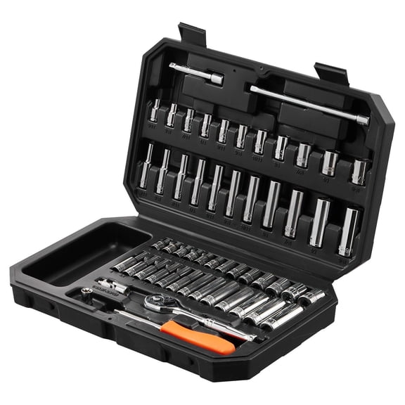 Mechanics Tool Box Socket Set, 1/4 Inch Drive Socket and Ratchet Set, 6-Point Socket Opening, 54 Pieces Tool Set SAE and Metric, Deep and Standard Sockets, 5/32-9/16 in, 4-14 mm, with Accessories, St