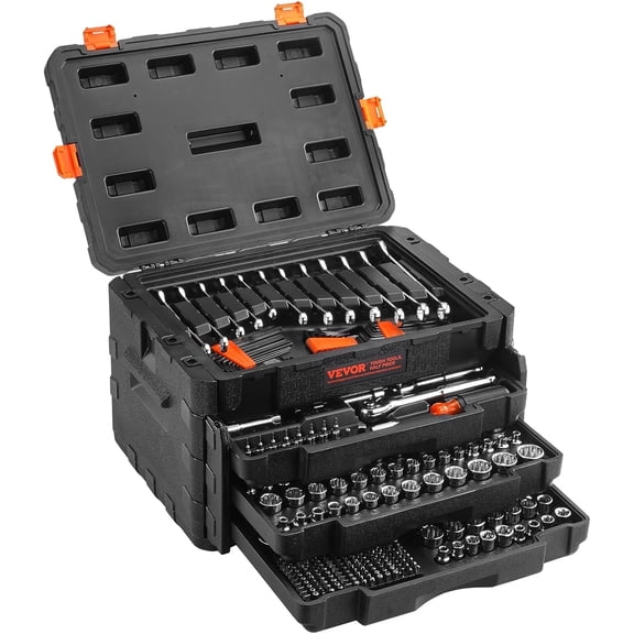 Mechanics Tool Set and Socket Set, 1/4" 3/8" 1/2" Drive Deep and Standard Sockets, 450 Pcs SAE and Metric Mechanic Tool Kit with Bits, Combination Wrench, Hex Wrenches, Accessories, Storage Case