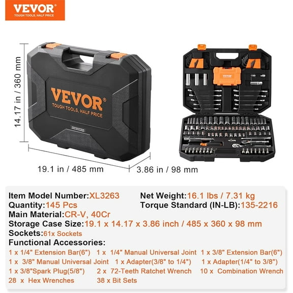 145-Piece Mechanics Tool Set with 1/4" and 3/8" Drive Sockets