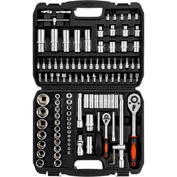 Mechanics Tools Kit,108- 1/4"&1/2 Metric And Standard Socket Set,Ratchet Set,Quick Release Reversible Ratchet Wrench, Joint,Extension Bars.