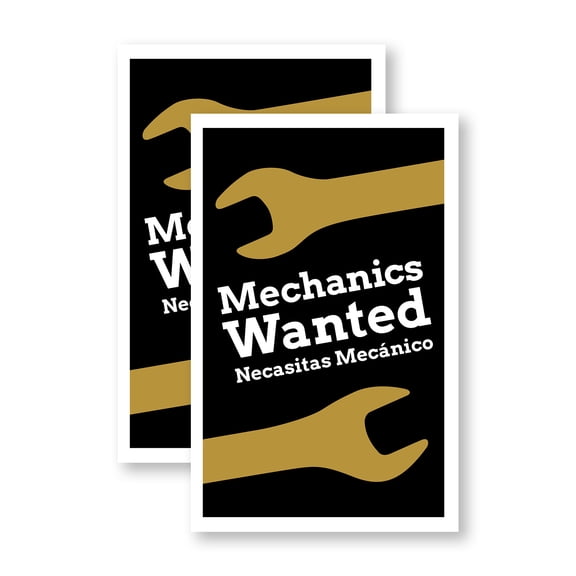 Mechanics Wanted English Spanish (2-Pack) 24 Inch x 36 Inch Vinyl Decals | Sign Insert Peel & Stick Decals Stickers Window Signs | Recruitment Notice, Bilingual Display, Clear Messaging
