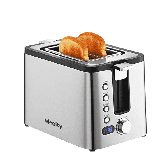Mecity 2-Slice Stainless Steel Toaster with 6 Browning Settings, Extra Wide Slots, Bagel, Defrost, Reheat, Cancel, Countdown Timer, Warming Rack, Silver