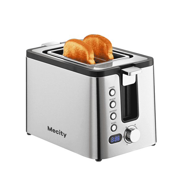 Mecity 2-Slice Stainless Steel Toaster with 6 Browning Settings, Extra Wide Slots, Bagel, Defrost, Reheat, Cancel, Countdown Timer, Warming Rack, Silver