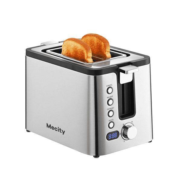 Mecity 2 Slice Stainless Steel Toaster with Countdown Timer, Bagel/Defrost/Reheat/Cancel, Warming Rack, Extra Wide Slots, 6 Browning Settings, Silver