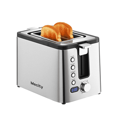 Mecity 2-Slice Stainless Steel Toaster with Digital Countdown Timer, Removable Crumb Tray, and Button