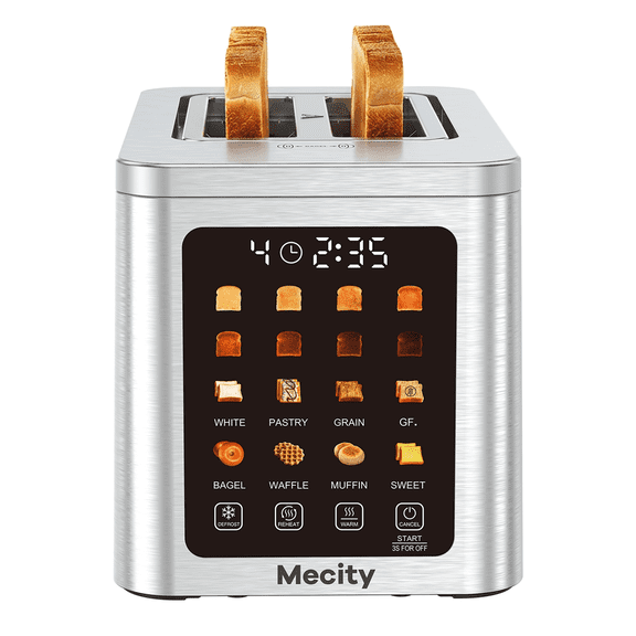 Mecity 2 Slice Smart Touchscreen Toaster, Stainless Steel Wide Slot Toaster with Auto Lift&30-Minute Warm, Memory Function, Digital Bread Toaster for Bagels, 850W