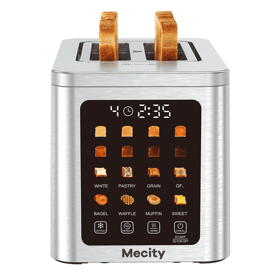 Mecity 2 Slice Smart Touchscreen Toaster, Stainless Steel Wide Slot Toaster with Auto Lift&30-Minute Warm, Memory Function, Digital Bread Toaster for Bagels, 850W