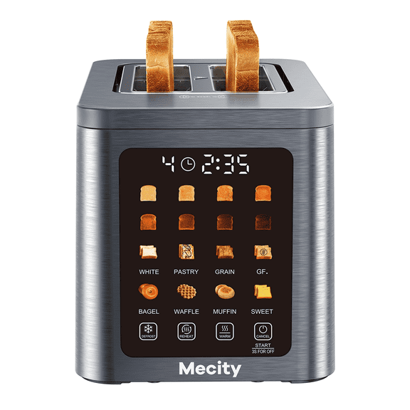 Mecity 2 Slice Smart Touchscreen Toaster, Stainless Steel Wide Slot Toaster with Auto Lift&30-Minute Warm, Memory Function, Digital Bread Toaster for Bagels, 850W