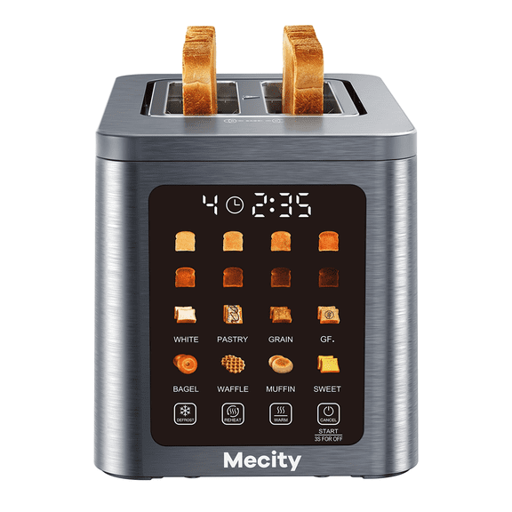 Mecity 2 Slice Smart Touchscreen Toaster, Stainless Steel Wide Slot Toaster with Auto Lift&30-Minute Warm, Memory Function, Digital Bread Toaster for Bagels, 850W