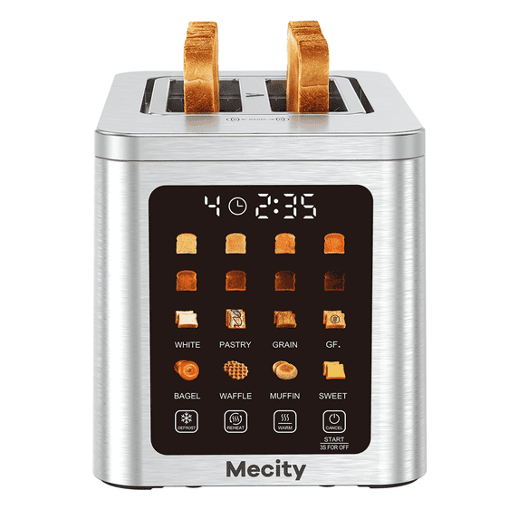 Mecity 2 Slice Smart Touchscreen Toaster, Stainless Steel Wide Slot Toaster with Auto Lift&30-Minute Warm, Memory Function, Digital Bread Toaster for Bagels, 850W