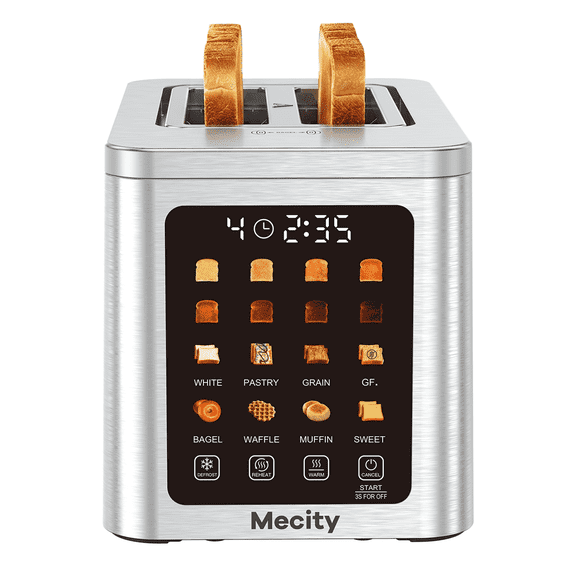 Mecity 2 Slice Smart Touchscreen Toaster, Stainless Steel Wide Slot Toaster with Auto Lift&30-Minute Warm, Memory Function, Digital Bread Toaster for Bagels, 850W