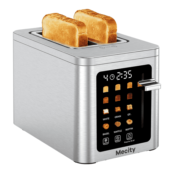 Mecity 2 Slice Smart Touchscreen Toaster, Stainless Steel Wide Slot Toaster with Auto Lift& Shut Off, Memory Function, Digital Bread Toaster for Bagels, 850W
