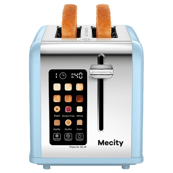 Mecity 2-Slice Touchscreen Toaster, Stainless Steel, Countdown Timer, 6 Shade Settings, Wide Slots, Reheat/Defrost/Cancel Functions, Removable Crumb Tray, Blue