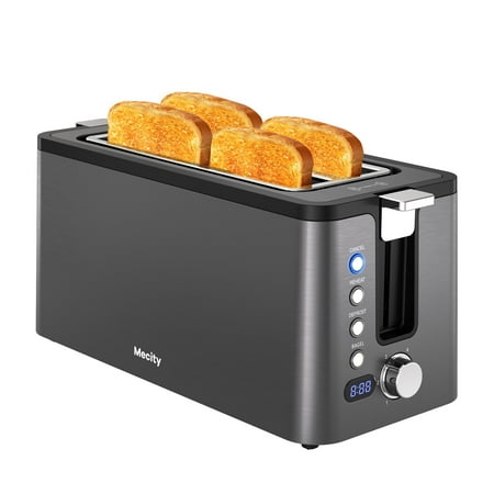 Mecity 4 Slice Long Slot Toaster with Countdown Timer, Bagel/Defrost/Reheat, Warming Rack, 6 Browning Levels, Metallic Grey