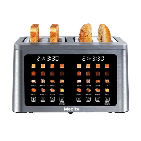 Mecity 4 Slice Smart Touchscreen Toaster with Auto Lift, Stainless Steel Wide Slot Bagel Toaster, 8 Bread Presets & 8 Shade Settings, 30-Minute Keep Warm Function, Memory Function
