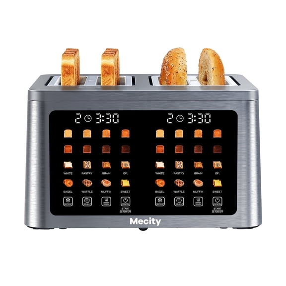 Mecity 4 Slice Smart Touchscreen Toaster with Auto Lift, Stainless Steel Wide Slot Bagel Toaster, 8 Bread Presets & 8 Shade Settings, 30-Minute Keep Warm Function, Memory Function