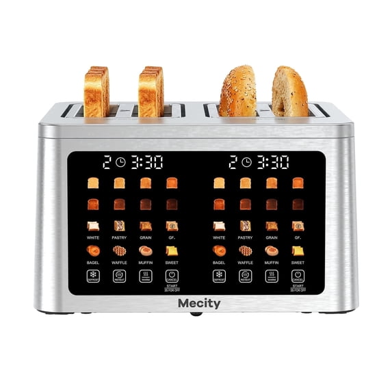 Mecity 4 Slice Smart Touchscreen Toaster with Auto Lift, Stainless Steel Wide Slot Bagel Toaster, 8 Bread Presets & 8 Shade Settings, 30-Minute Keep Warm Function, Memory Function
