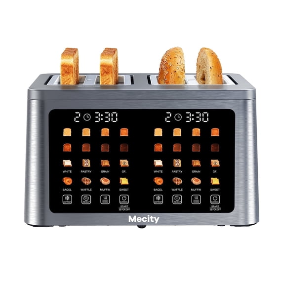 Mecity 4 Slice Smart Touchscreen Toaster with Auto Lift, Stainless Steel Wide Slot Bagel Toaster, 8 Bread Presets & 8 Shade Settings, 30-Minute Keep Warm Function, Memory Function
