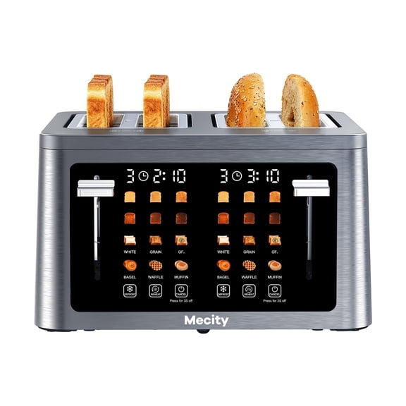 Mecity 4 Slice Touchscreen Toaster, Stainless Steel Wide Slot Toaster with Dual Independent Controls, 6 Bread Presets & 6 Shade Settings, Countdown Timer, Memory Function, Defrost, 1700W
