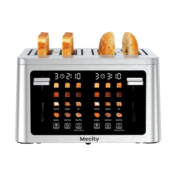 Mecity 4 Slice Touchscreen Toaster, Stainless Steel Wide Slot Toaster with Dual Independent Controls, 6 Bread Presets & 6 Shade Settings, Countdown Timer, Memory Function, Defrost, 1700W
