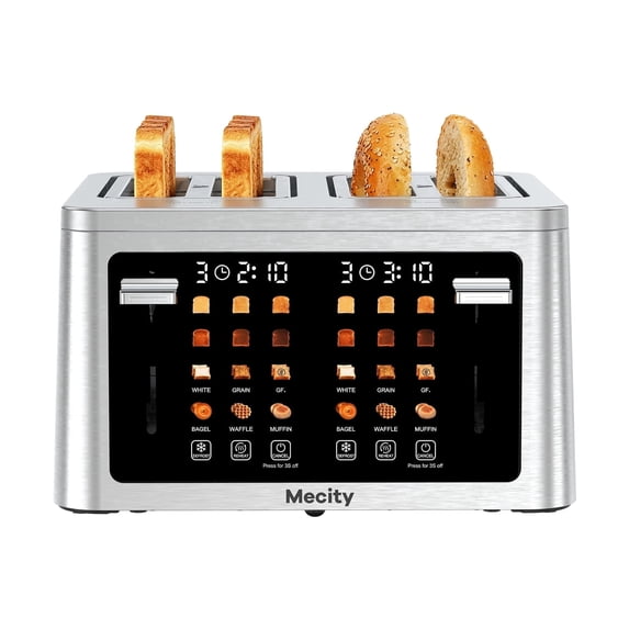 Mecity 4 Slice Touchscreen Toaster, Stainless Steel Wide Slot Toaster with Dual Independent Controls, 6 Bread Presets & 6 Shade Settings, Countdown Timer, Memory Function, Defrost, 1700W