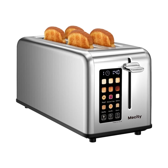 Mecity 4-Slice Toaster with Touchscreen, Stainless Steel, Long Slots, Crumb Tray, Timer, Defrost, Reheat, 120V 1400W, Silver