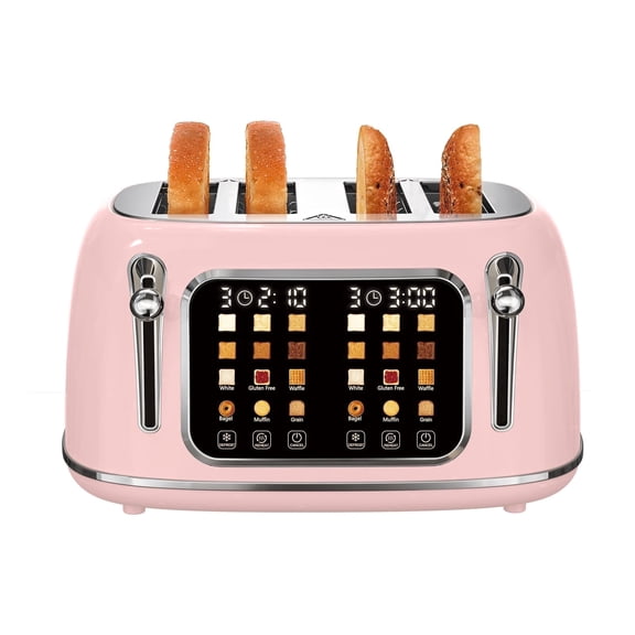 Mecity 4-Slice Touchscreen Toaster, Retro Stainless Steel Wide Slots Toaster, 6 Browning Settings, Large Digital Display, 120V 1650W, Pink