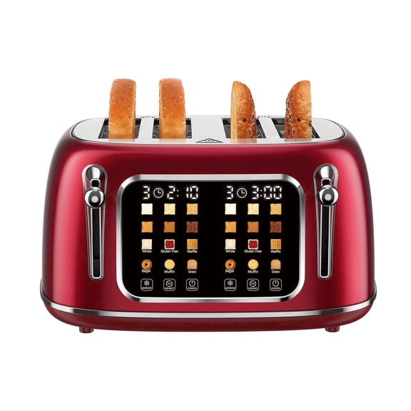 Mecity 4-Slice Touchscreen Toaster, Retro Stainless Steel Wide Slots Toaster, 6 Browning Settings, Large Digital Display, 120V 1650W, Red