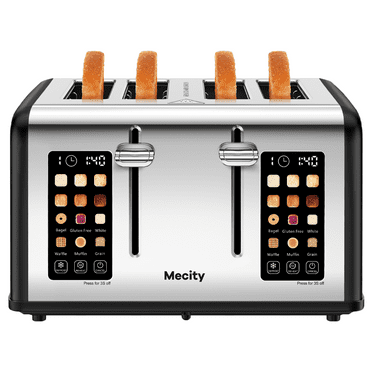 Mecity 4-Slice Touchscreen Toaster, Stainless Steel, Countdown Timer, 6 Browning & Shade Settings, 4 Wide Slots, Reheat/Cancel/Defrost Functions, Removable Crumb Tray, Matte Black