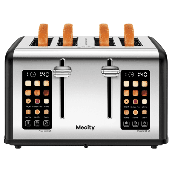 Mecity 4-Slice Toaster with Touchscreen, Stainless Steel, Wide Slots, 6 Browning Settings, Digital Display, Reheat, Defrost, Crumb Tray, Matte Black