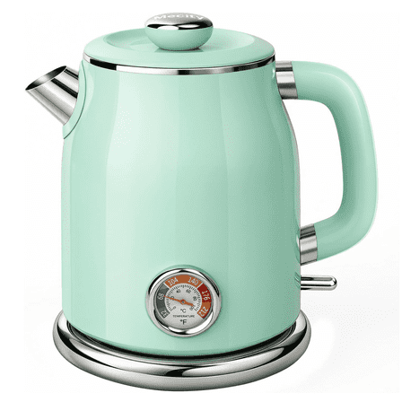 Mecity Retro Electric Kettle, 1.7L Hot Water Boiler with Thermometer, Stainless Steel Interior, 1500W Fast Boil Tea Kettle, Double Wall Cool Touch, Wide Mouth, Green