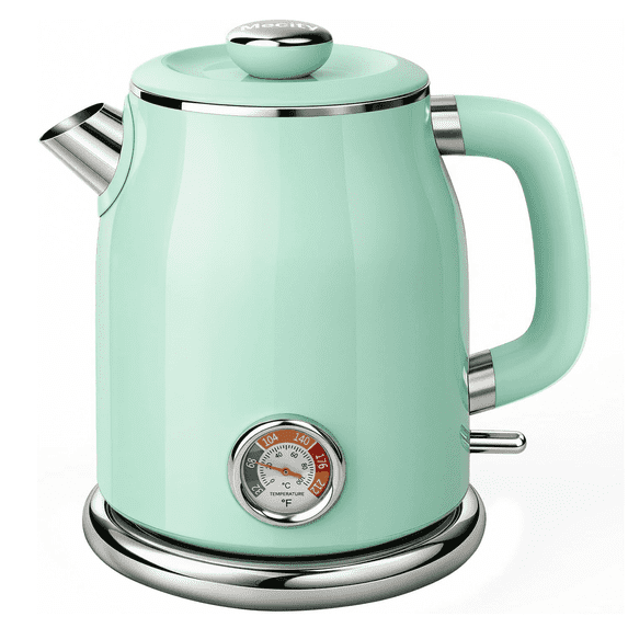 Mecity Retro Electric Kettle, 1.7L Hot Water Boiler with Thermometer, Stainless Steel Interior, 1500W Fast Boil Tea Kettle, Double Wall Cool Touch, Wide Mouth, Green