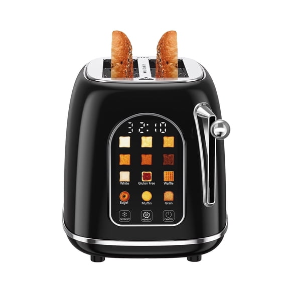 Mecity Easy Touch Screen Toaster 2 Slice – Retro Wide Slot Stainless Steel Toaster with Large Display, 6 Browning Levels, Bagel, Defrost & Reheat, Removable Crumb Tray, Black