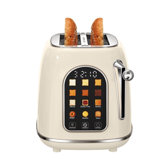 Mecity Easy Touch Screen Toaster 2 Slice – Retro Wide Slot Stainless Steel Toaster with Large Display, 6 Browning Levels, Bagel, Defrost & Reheat, Removable Crumb Tray, Cream Color