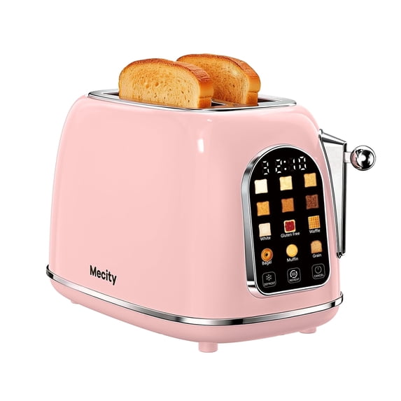 Mecity Smart Touch Screen Toaster 2 Slice, Retro Wide Slot Stainless Steel Toaster with 6 Browning Levels, Reheat & Defrost, for Bagel, Toast, Bread, Removable Crumb Tray, Pink