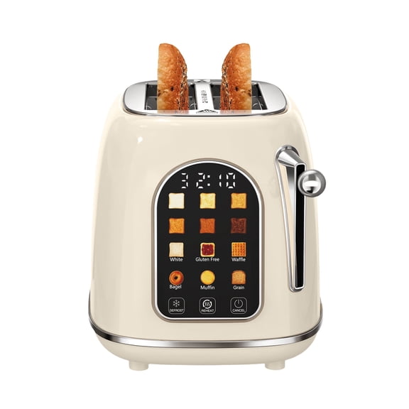 Mecity Easy Touch Screen Toaster 2 Slice – Retro Wide Slot Stainless Steel Toaster with Large Display, 6 Browning Levels, Bagel, Defrost & Reheat, Removable Crumb Tray, Cream Color