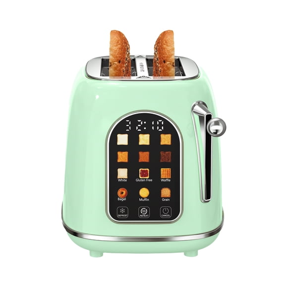 Mecity Smart Touch Screen Toaster 2 Slice, Retro Wide Slot Stainless Steel Toaster with 6 Browning Levels, Reheat & Defrost, for Bagel, Toast, Bread, Removable Crumb Tray, Green