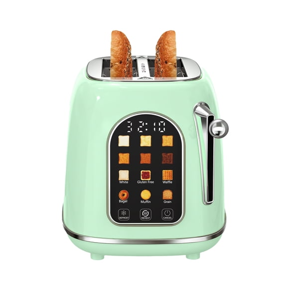 Mecity Smart Touch Screen Toaster 2 Slice, Retro Wide Slot Stainless Steel Toaster with 6 Browning Levels, Reheat & Defrost, for Bagel, Toast, Bread, Removable Crumb Tray, Green
