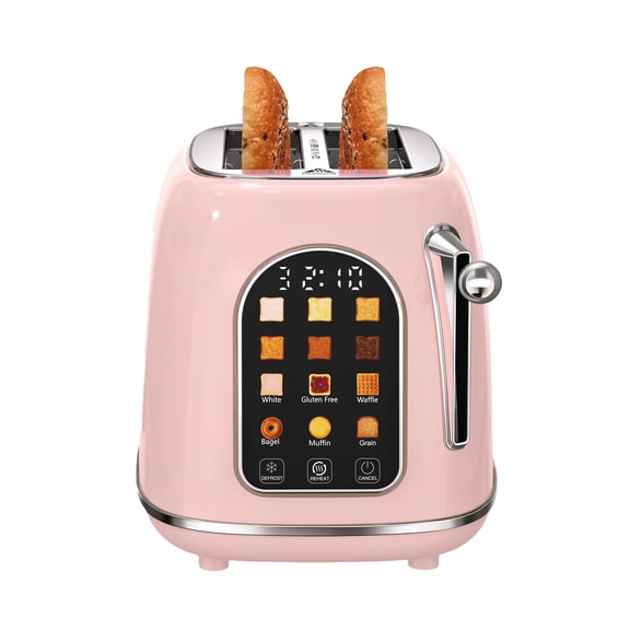 Mecity Smart Touch Screen Toaster 2 Slice, Retro Wide Slot Stainless Steel Toaster with 6 Browning Levels, Reheat & Defrost, for Bagel, Toast, Bread, Removable Crumb Tray, Pink