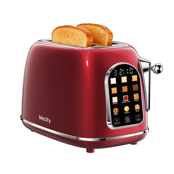 Mecity Easy Touch Screen Toaster 2 Slice – Retro Wide Slot Stainless Steel Toaster with Large Display, 6 Browning Levels, Bagel, Defrost & Reheat, Removable Crumb Tray, Red Pearl