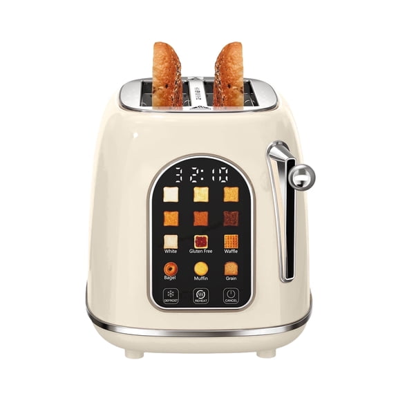 Mecity Easy Touch Screen Toaster 2 Slice – Retro Wide Slot Stainless Steel Toaster with Large Display, 6 Browning Levels, Bagel, Defrost & Reheat, Removable Crumb Tray, Cream Color