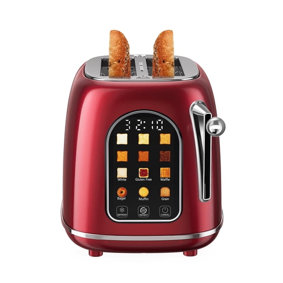 Mecity Easy Touch Screen Toaster 2 Slice – Retro Wide Slot Stainless Steel Toaster with Large Display, 6 Browning Levels, Bagel, Defrost & Reheat, Removable Crumb Tray, Red Pearl