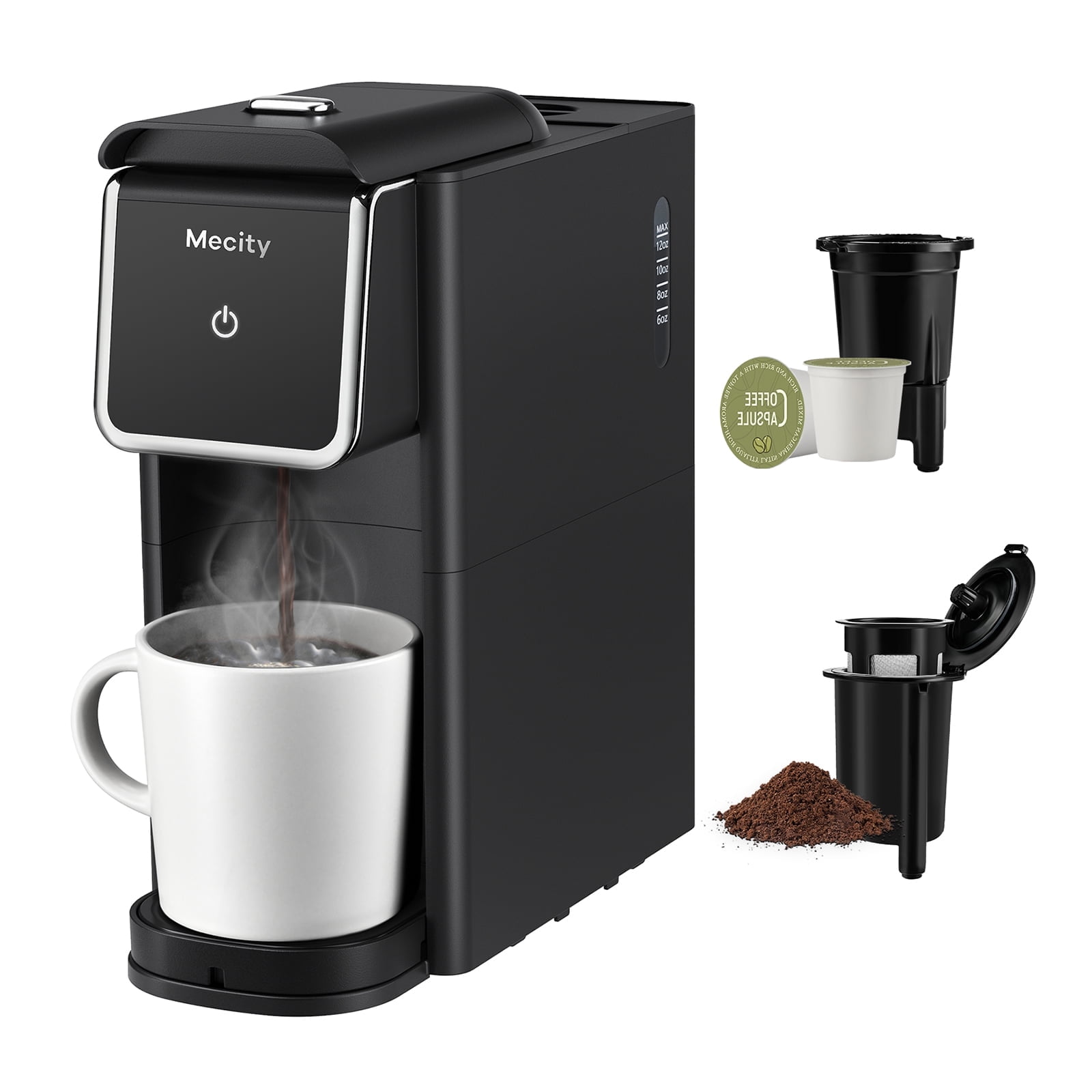 Mecity Stainless Steel Coffee Maker - Single Serve for Ground Coffee & Loose Tea, 6-12 Oz Brew Sizes, Black
