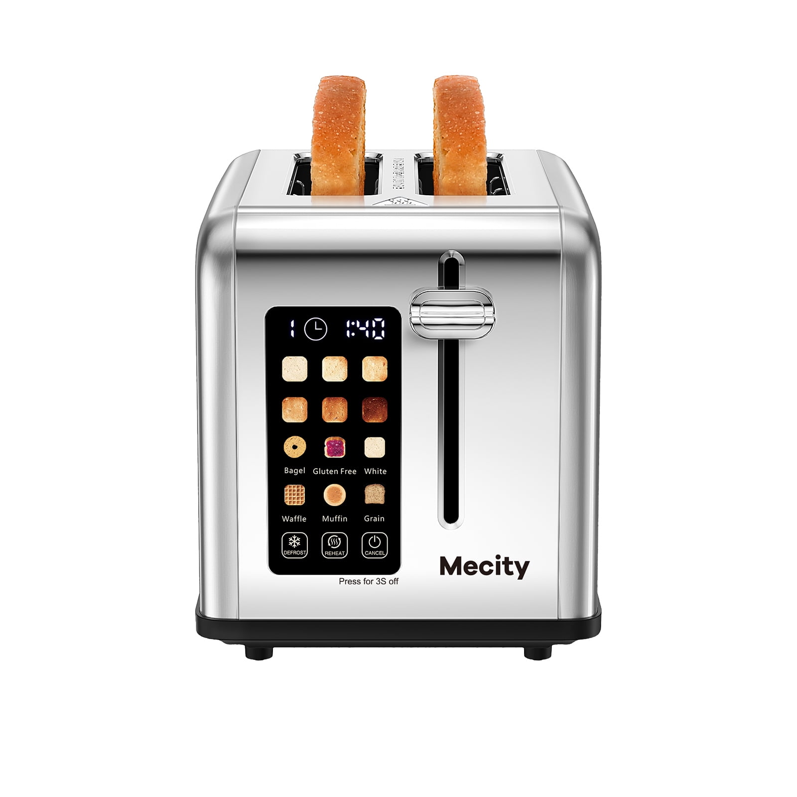 Mecity Toaster 2 Slice Stainless Steel Toaster Countdown Timer, Warming Rack, Removable Crumb Tray, 6 Browning Settings, Extra Wide Long Slots, Bread Toaste, 800 Watts