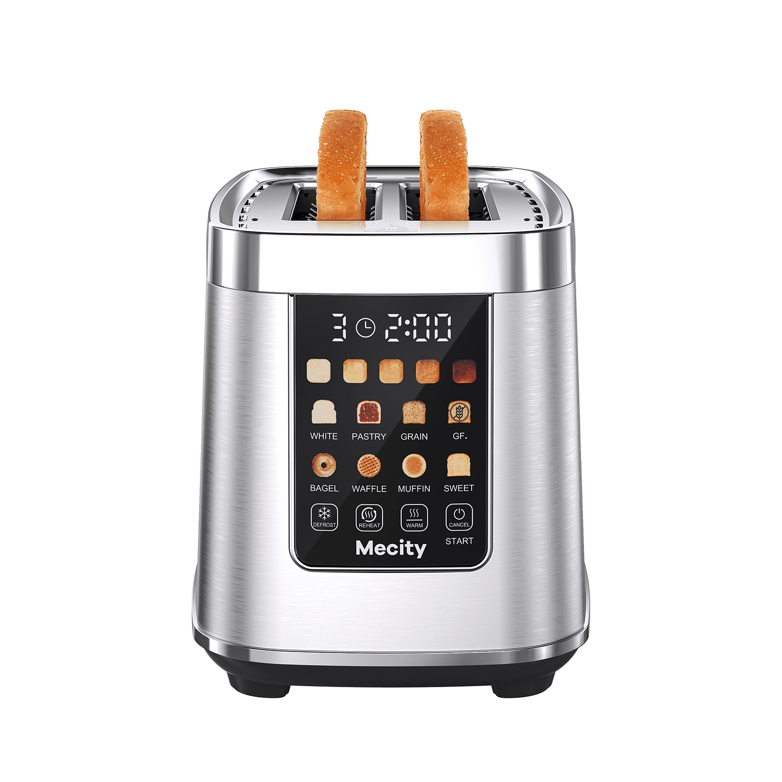 The Coupon deal of  Mecity Touch Screen Toaster with Automatic Lift & Keep Warm – 2 Slice Smart Toaster, 5 Browning Levels, 8 Bread Programs, Luxury Stainless Steel Design, 1200W, Silver